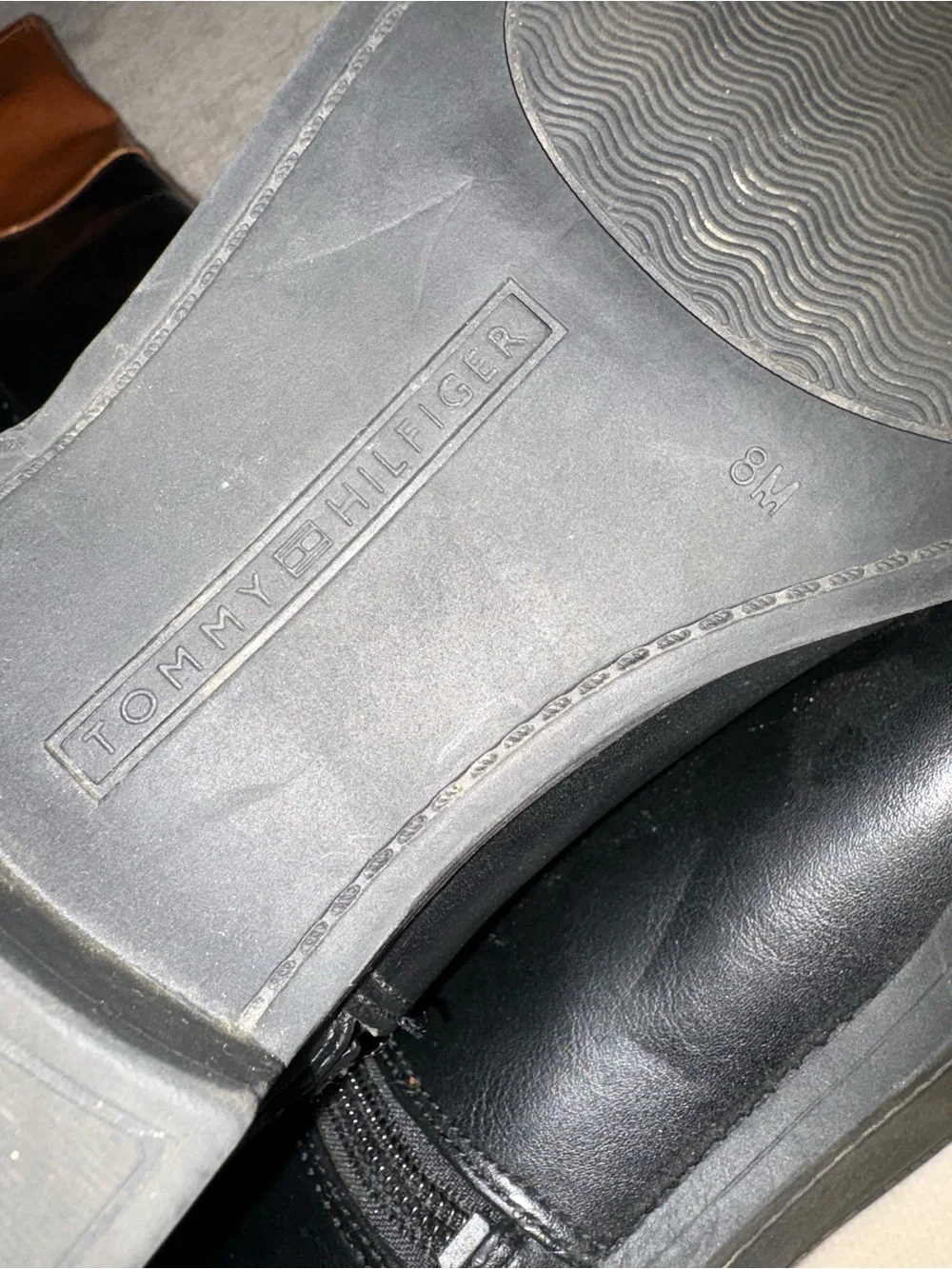 Tommy Hilfiger Black and Brown Leather Riding Boots with Gold Logo